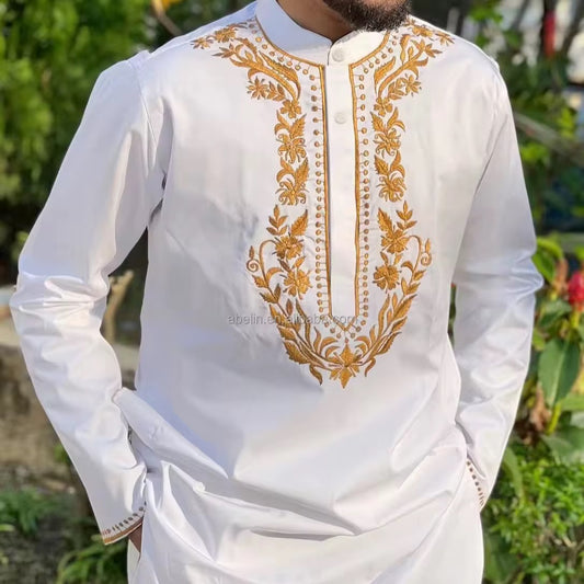 African Men's Embroidery Set Two Pieces White Fashion