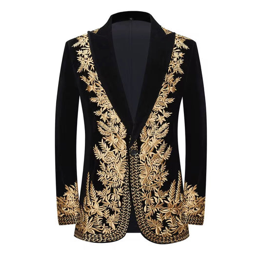 Gold Embroidered Slim Fit Suit Jacket High-end Black Velvet
